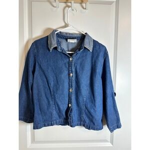 Denim Jacket Embellished‎ Collar 3/4 Sleeve Button Front Dark Wash